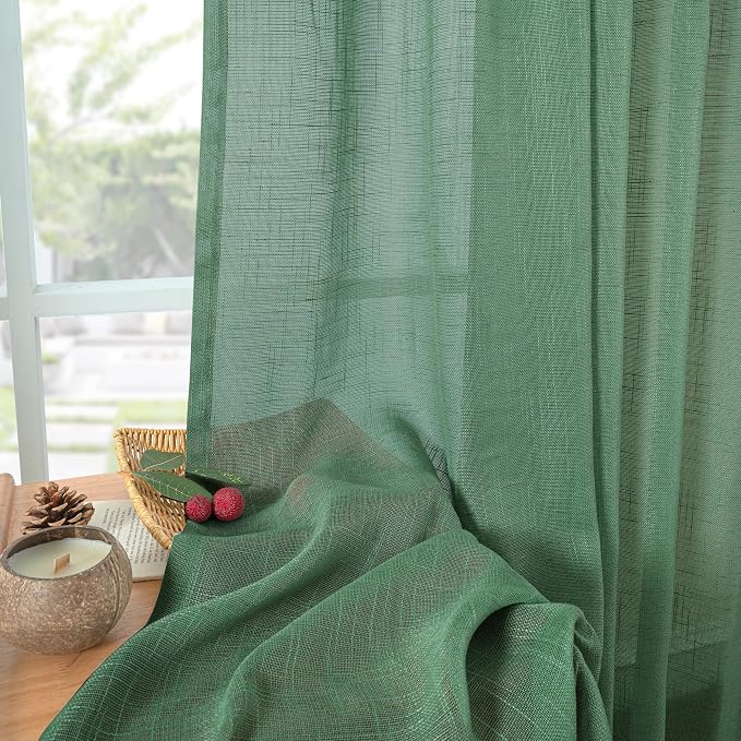 YoungsTex Green Linen Kitchen Window Curtains 40 Inch Length - Small Semi Sheer Drapes with Back Tab Rod Pocket Lightweight for Cafe Bathroom Windows, 2 Panels, 34 X 40 Inch