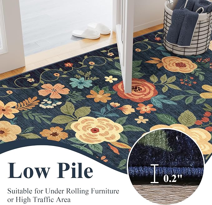 DUKINO 2x6 Runner Rug for Hallway Washable Kitchen Rugs Non Slip, Navy Blue | Low Pile, Soft, Floral Indoor Rug for Entryway, Bedroom, Laundry, Bathroom, Pet Friendly, Lightweight, Modern Home Decor