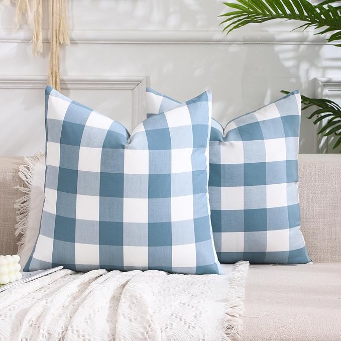 CARRIE HOME Light Blue Farmhouse Buffalo Plaid Pillow Covers 18x18 Set of 2 Blue and White Outdoor Pillow Covers 18 x 18 Decorative Throw Pillows for Sofa Couch Bedroom, Grey Blue and White