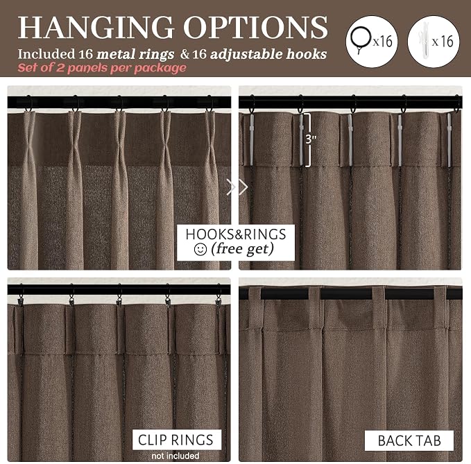 Pinch Pleated Dark Brown Semi Sheer Curtains 84 Inches Long for Living Room, Memory Trained Thick Linen Farmhouse Windows Drapes Light Filtering Privacy Bedroom Curtain 84 Inch Length 2 Panels Set