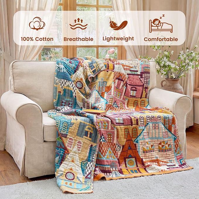 MSGKV Roman Castle Cotton Throw Blanket 60"x80" Art Woven Twin Blanket | Roman Castle Pattern, Muslin Throw, Art Woven Design, Twin Size Blanket, Lightweight Comfort, Decorative Home Accent