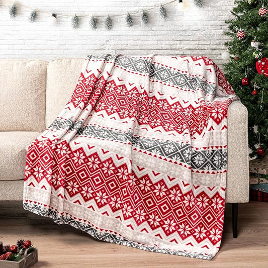 PAVILIA Christmas Throw Blanket | Holiday Christmas Red Fleece Blanket | Soft, Plush, Warm Winter Cabin Throw, 60x80 (Red Snowflakes)