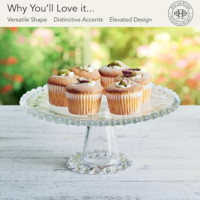 Fitz & Floyd Beaded Large Glass Cake Stand, 10.75 Inch Clear Glass Pedestal Cake Stand for Desserts, Appetizers, and Entertaining