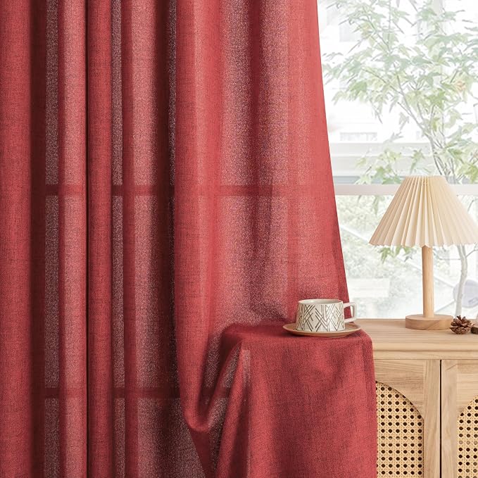 YoungsTex Burgundy Red Linen Curtains 102 Inch Length for Living Room, Light Filtering Semi Sheer Drapes with Bronze Grommet Privacy for Bedroom Windows, 52 x 102 Inch, 2 Panels