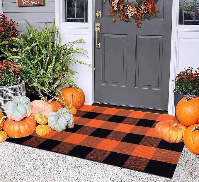 Fall Layered Doormat 24''x35'' Orange and Black Farmhouse Porch Mat Cotton Woven Washable Outdoor Rug for Layering Rug,Fall,Halloween,Kitchen,Farmhouse,Entryway
