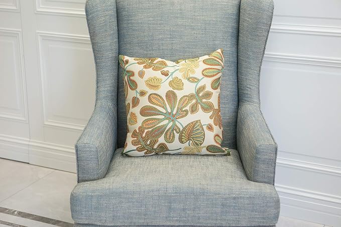 Mika Home Set of 2 Jacquard Tropical Leaf Pattern Throw Pillow Covers Decorative Pillowcase 20X20 Inches,Teal Cream