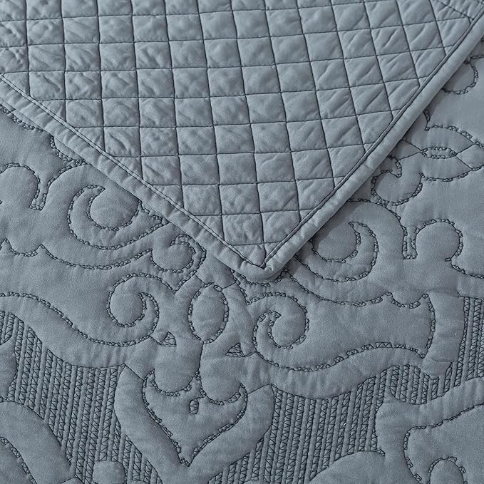NEWLAKE Reversible Quilt Bedspread Embroidered Microfiber Coverlet Set,Jacquard Embossed Floral,Grey, King Size