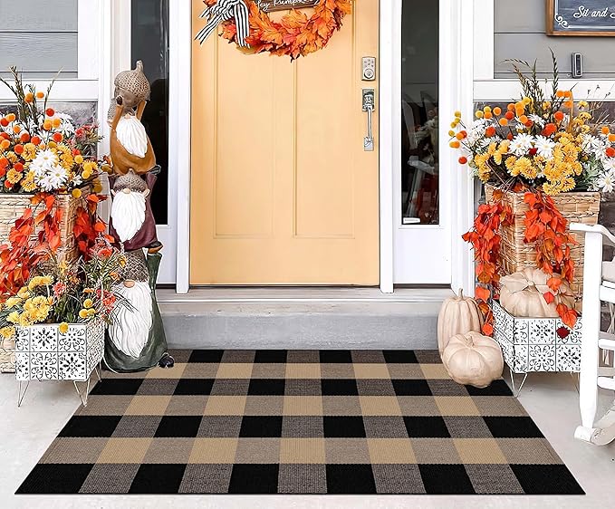 Khaki and Black Outdoor Rug 27.5''x 43.3''Checkered Layered Doormat Cotton Woven Washable Farmhouse Door Mats Outdoor for Front Porch,Entryway,Bedroom,Patio