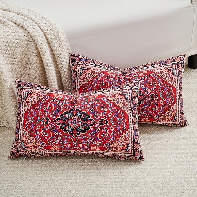 Boho Rectangular Throw Pillow Covers 12x20 Inch, Vintage Red Oriental Floral Decorative Lumbar Cushion Cases, Bohemian Ethnic Design Pillowcases for Sofa Couch Living room Bed Home Decor, Set of 2