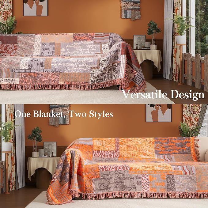 Phuryllic Boho Throw Blanket Full Size, Extra Large Soft Cozy Cotton Muslin Quilt Blanket for Bed Decor, Patchwork Block Couch Sofa Chair Cover, Vintage Farmhouse Cottage Woven Blanket, Red&Orange