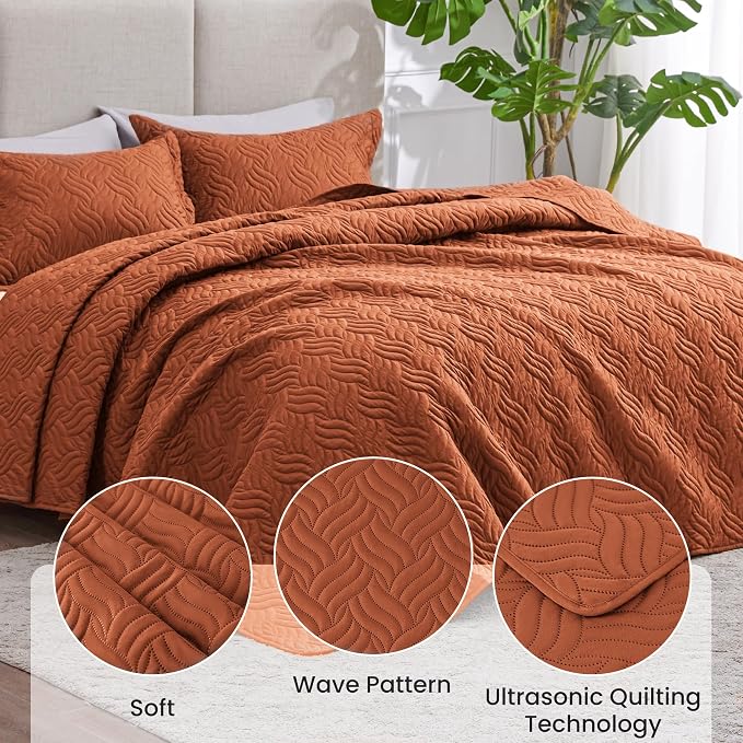 Love's cabin California King Size Quilt Bedding Set Umber Bedspread - Cal King Summer Lightweight Bedspread Comforter - Wave Pattern Coverlet for All Season - 3 Pieces (1 Quilt, 2 Pillow Shams)
