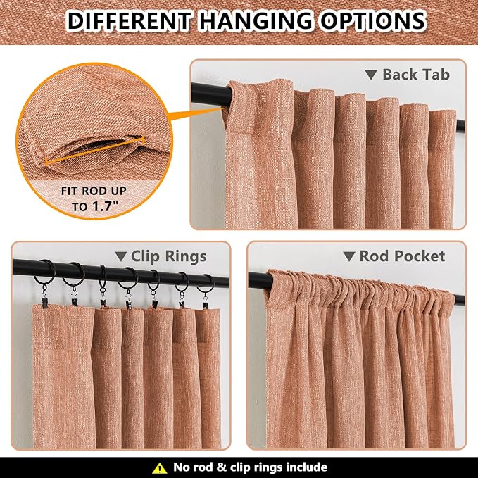 MYSKY HOME 90 Inch Burnt Orange Curtains for Living Room, Sliding Door Patio Drapes for Doorways Soft Semi Sheer Light Filtering Window Decor Back Tab & Rod Pocket, 50" Width x 90" Length, 2 Panels
