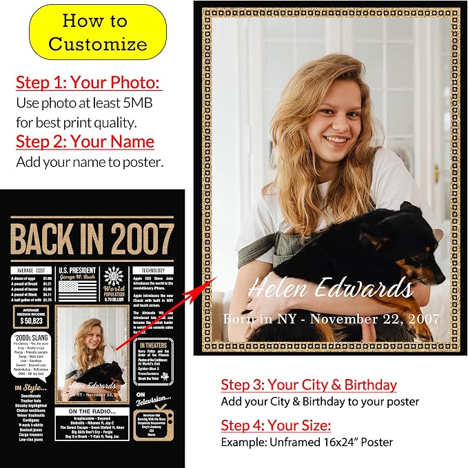 Hexadecor Personalized 18th Birthday Party Decorations Boys, Girls, Him, Her - Custom Gifts Idea For 18 Years Old, Back In The Year You Born Newspaper For 18th Birthday Poster No Frame Black Gold