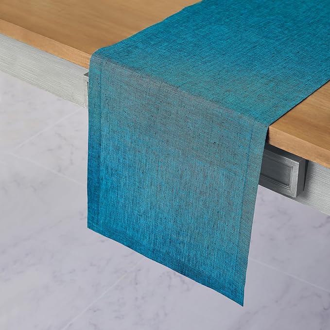 Solino Home 100% Pure Linen Dining Table Runner Teal, Athena 14 x 144 in | dresses up dining tables for everyday meals, European flax fibres, machine washable, Chambray Teal, soft, OEKO-TEX Certified