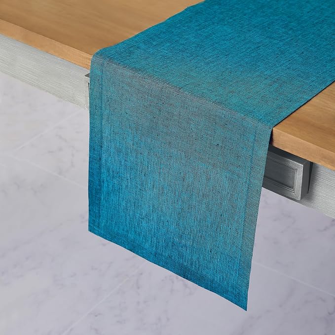Solino Home 100% Pure Linen Table Runner Chambray Teal, Athena 14 x 36 in | brings a tailored look to family meals and hosting, European flax fibres, low iron finish, Chambray Teal, OEKO-TEX Certified