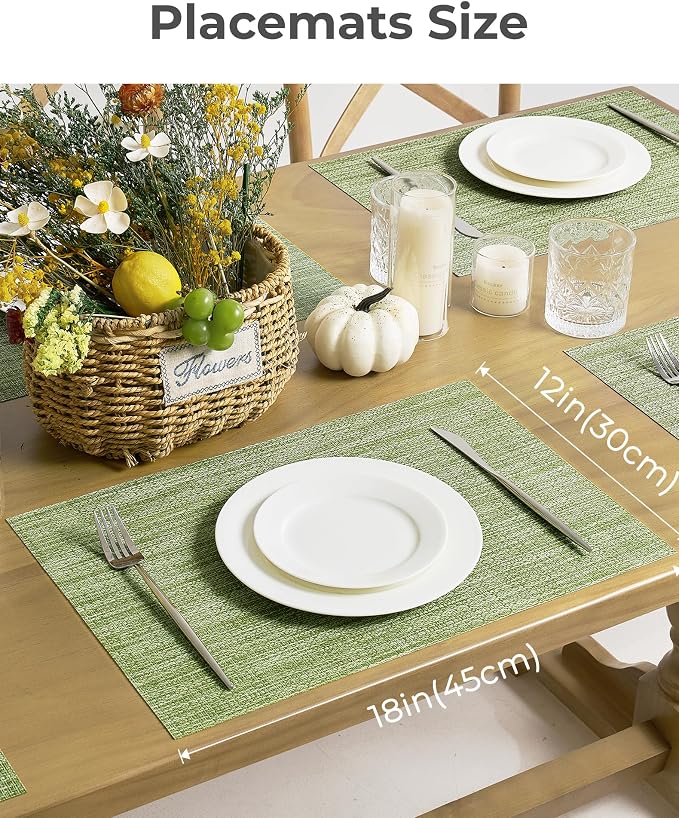 Leetaltree Bean Green Woven Placemats Set of 12 - Heat Resistant Non-Slip Place Mats for Dining Table, Washable Durable PVC Table Mats(Bean Green, 12)