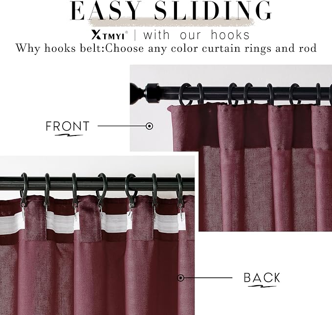 XTMYI Burgundy Curtains 84 Inches Long 2 Panels,Vintage Elegant Maroon Linen Back Tab Hook Pleated Sheer Christmas Curtains for Living Room Bedroom,Dark Red