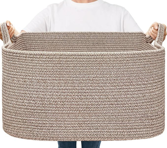 Goodpick Large Woven Rope Blanket Basket, Rectangle, Brown, 75L | 21.6'' x 14.9'' x 11.8'' Storage Basket for Blankets, Toys & Clothes, Living Room & Nursery Organization, Reinforced Handles