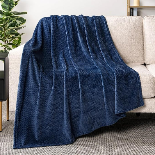 PAVILIA Soft Fleece Navy Blue Throw Blanket for Couch, Lightweight Plush Warm Blankets for Bed, Fuzzy Cozy Flannel Blanket Throw for Sofa, Travel, Jacquard Pattern, Navy Blue, 50x60 inch
