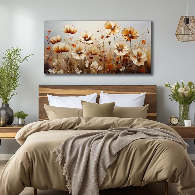 DNIEOTU Flower Canvas Wall Art for Living Room, Floral Wall-Decor for Bedroom, Beige and Brown Picture Prints for Hallway Office, Size 47 x 24 Inches