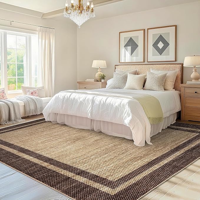 COZYLOOM 9x12 Area Rug for Bedroom Modern Washable Kids Room Rug with Rubber Backing, Stain Resistant Bordered Rugs Non Shedding Low Pile Minimalist Carpet for Living Room, Dining Room, Brown