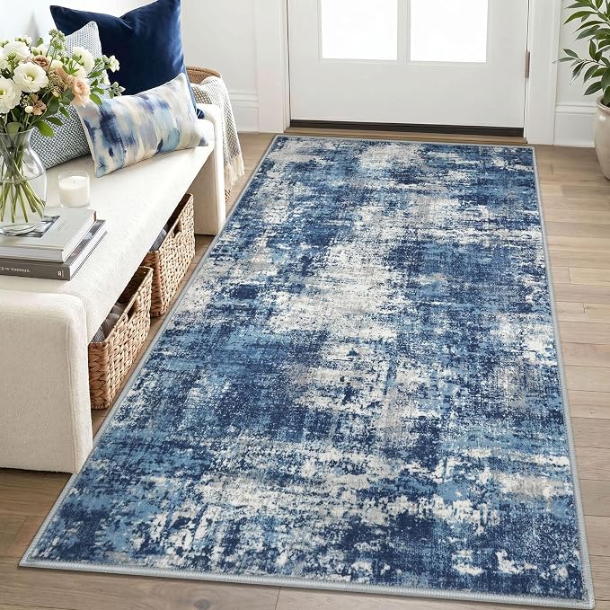 Lansny Abstract Washable Entryway Rug 3x5 Area Rug Non Slip Kitchen Rugs | Blue;Thin Printed Faux Wool Door Mat;Small Rugs;Front Door Rug;Indoor Entry Rug;Rubber Backed Floor Carpet;Throw Rugs