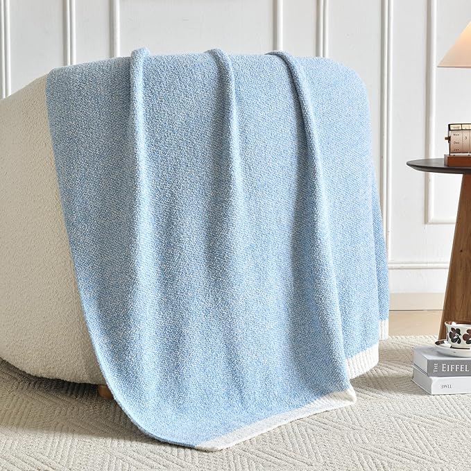Chunky Knit Boucle Throw Blanket, Soft Washable Coastal Blanket for Bed Couch, Lightweight Cozy Oversized Feather Knit Blanket Indoor Outdoor for Sofa (Blue, Twin 60"x80")