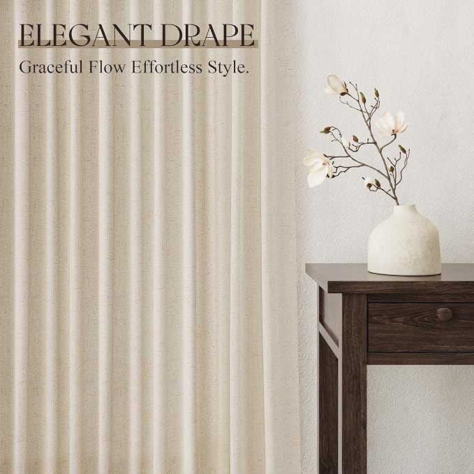 Jowels Cream Linen Curtains 108 Inch Long 2 Panels for Living Room | Beige Flax Light Filtering Sheer Curtain,Back Tab Pocket Pleated Look,Farmhouse Textured Privacy Drapes for Bedroom Window