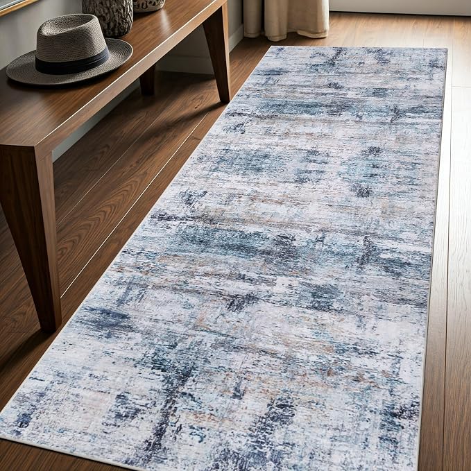 Machine Washable Area Rug, Soft & Durable, Non-Slip, Stain Resistant Rug for Bedroom, Living Room, Dining Room, High Traffic Areas. (Blue/White Abstract, 2.5' X 7')