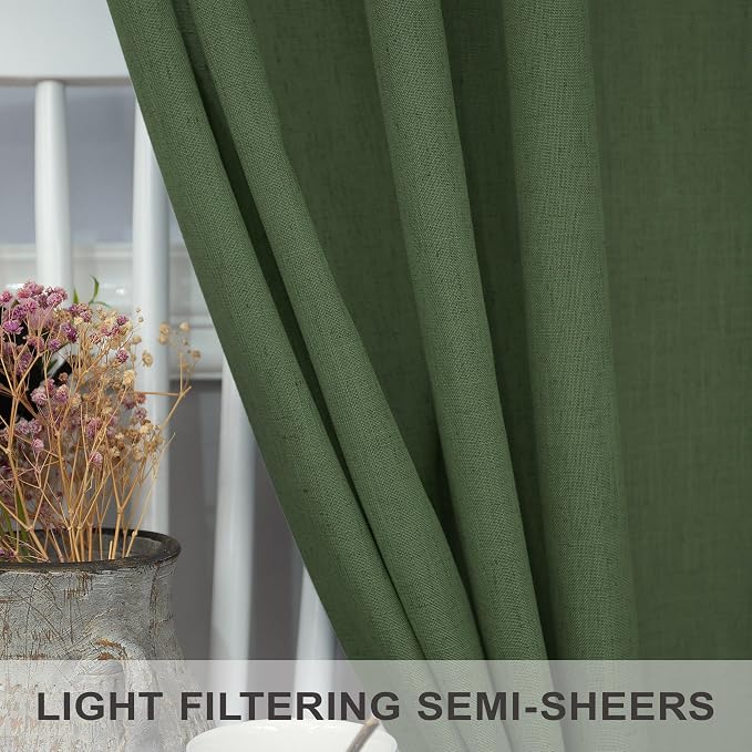 Pitalk Olive Green Curtains 63 Inch Length for Living Room 2 Panels Set Back Tab Rod Pocket Pleated Look Semi Sheer Linen Green Curtains for Bedroom Boho Decoration 52x63 in Long