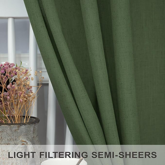 Pitalk Olive Green Curtains 102 Inch Length for Living Room 2 Panels Back Tab Pocket Linen Sheer Semi Light Weight Breathable Airy Flowy Loden Green Boho Curtain for Bedroom Bay Window 8.5 FT Long
