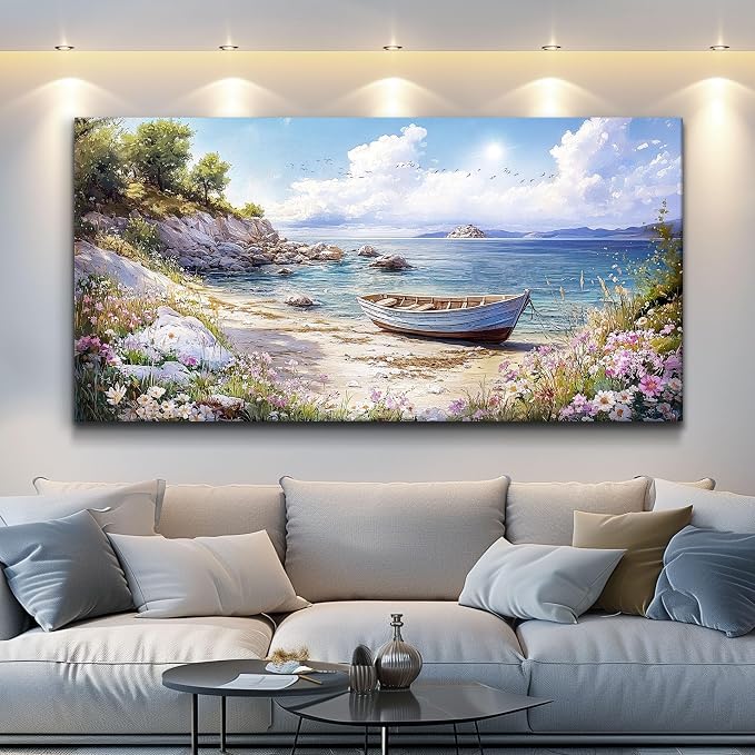 QIYILEXWART Canvas Wall Art For Living Room Large Wall Decor For Office Bedroom Decorations Seaside Landscape Pictures Boat Painting Artwork Room Wall Mural Aesthetic Home Decor 30x60 In