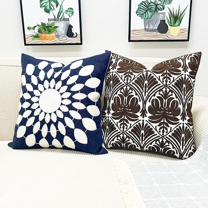 Slow Cow Embroidery Decorative Throw Pillow Cover Brown Invisible Zipper Cushion Cover 18x18 Inches