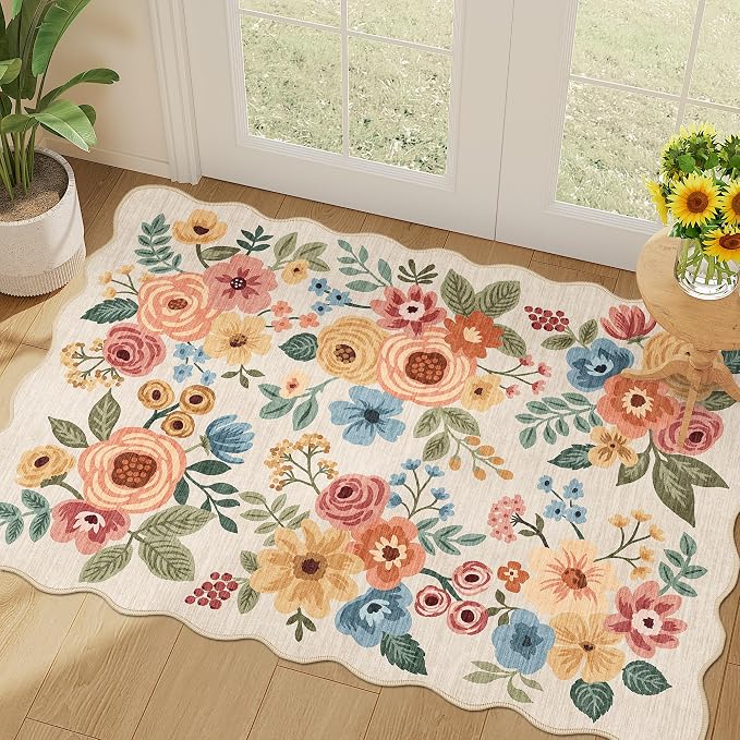 DUKINO 2x3 Rug for Entryway, Floral Door Mat Washable Rug, Beige Yellow | Non Slip, Low Pile, Soft Small Rugs for Kitchen, Entrance, Bedroom, Bathroom, Laundry, Pet Friendly, Non-Shedding, Home Decor