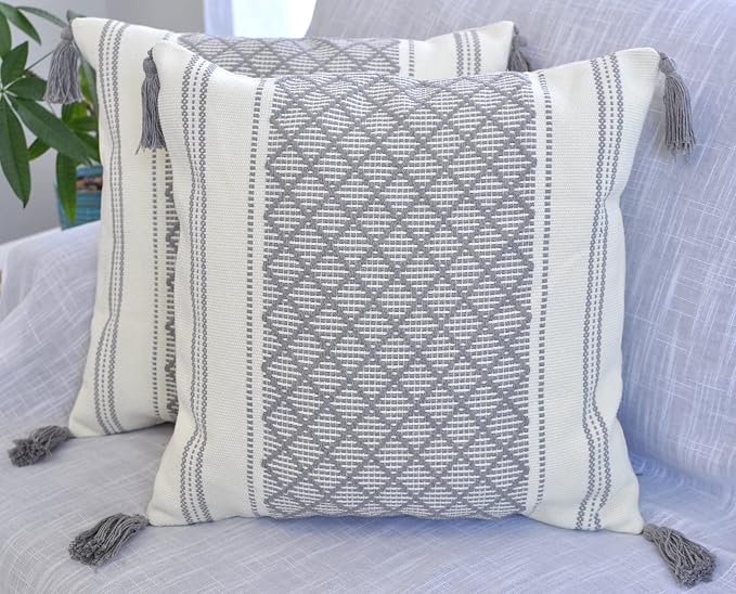 Gray 16x16 Pillow Covers - Set of 2 / Decorative Grey Boho Tassels Indoor Outdoor Cushion Covers Checkrered Geometric Pattern / Farmhouse Designer Woven PillowCases/ Modern Accent Throw PillowCovers