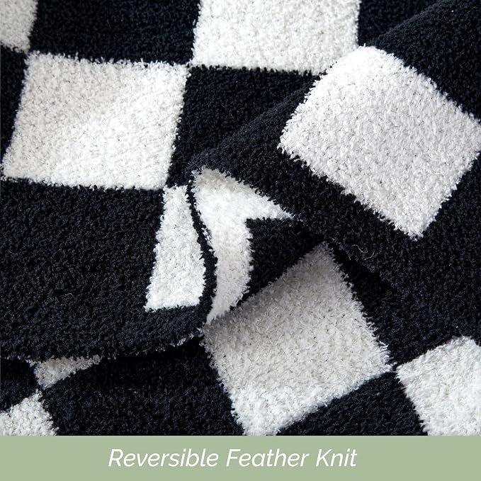 Elegant Comfort Premium Checkered Reversible Throw Blanket - Ultra Soft and Lightweight, Luxury Knitted Breathable Fleece for Couch, Bed, Sofa - Warm Velvet Fluffy Throw, 50 x 70 Inch, Black