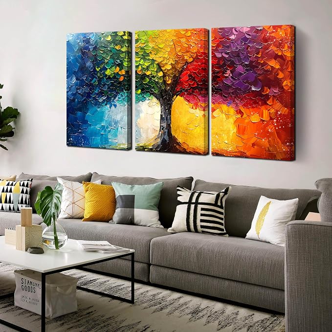 HUBOSKN Tree Art Pictures for Wall in Living Room - Colorful Canvas Wall Art for Bedroom - 3 Piece Wall Decor Size 16" x 24"