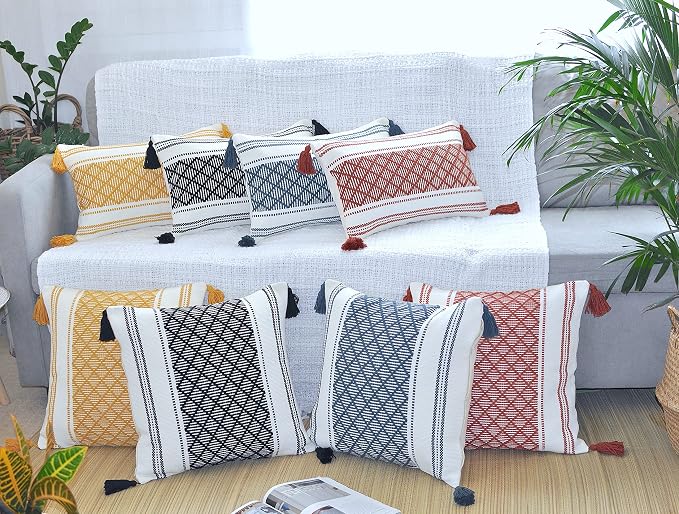 Boho Throw Pillow Covers with Tassels Mustard Yellow and White 18x18 inch -Set of 2 / Decorative Square Pillow Covers for Couch, Sofa/Farmhouse Woven Pillow Cases/Accent Cushion Covers