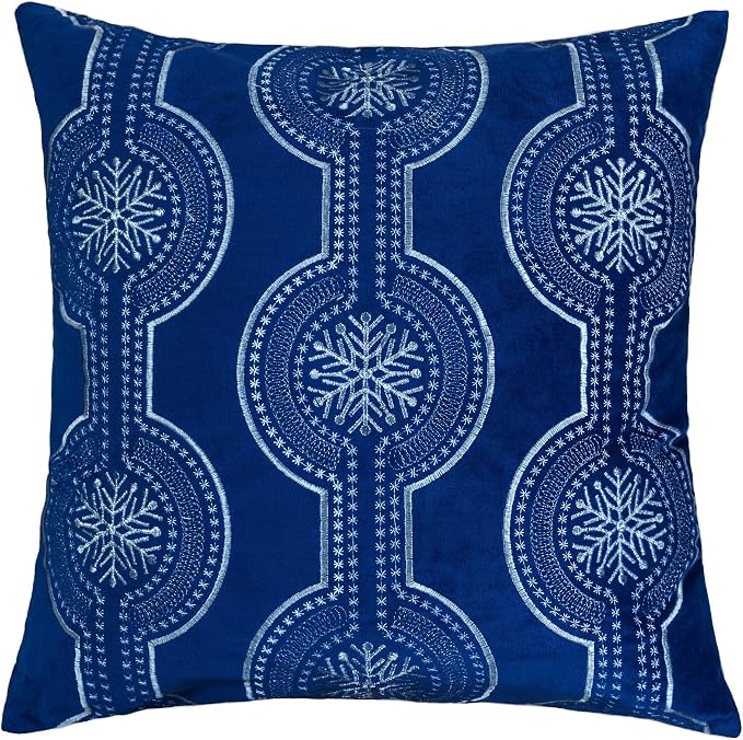 Embroidery Blue Velvet Throw Pillow Cover, Merry Christmas Series Snowflake Drop Luxury Soft Fuzzy Cozy Warm Slik Gift Square Couch Cushion Pillow Case 20 x 20 Inch, Cover Only