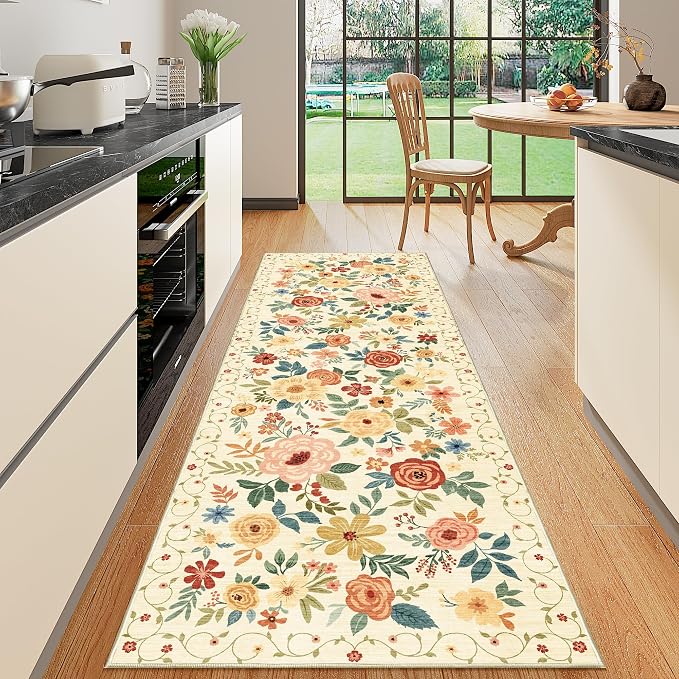 DUKINO 2x10 Runner Rug, Washable Kitchen Runner Rug Non Slip, Beige Yellow | Soft, Low Pile, Floral Indoor Rug Runner for Hallway, Entryway, Bedroom, Bathroom, Pet Friendly, Home Decor, Stain Resistant