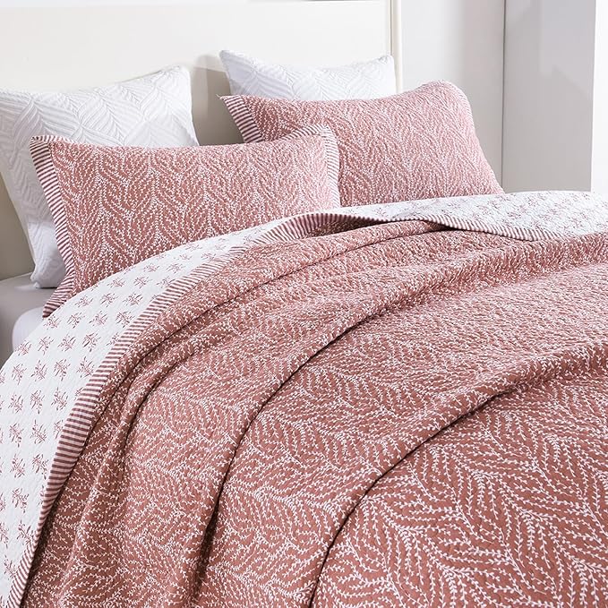 SahSahCasa Quilt Set King Size, 100% Cotton Quilt Bedding Set Bedspread, Botanical Pattern Solid Color Chic Lightweight Quilted Comforter for King Bed, White/Old Rose, All Season, 3 Pieces
