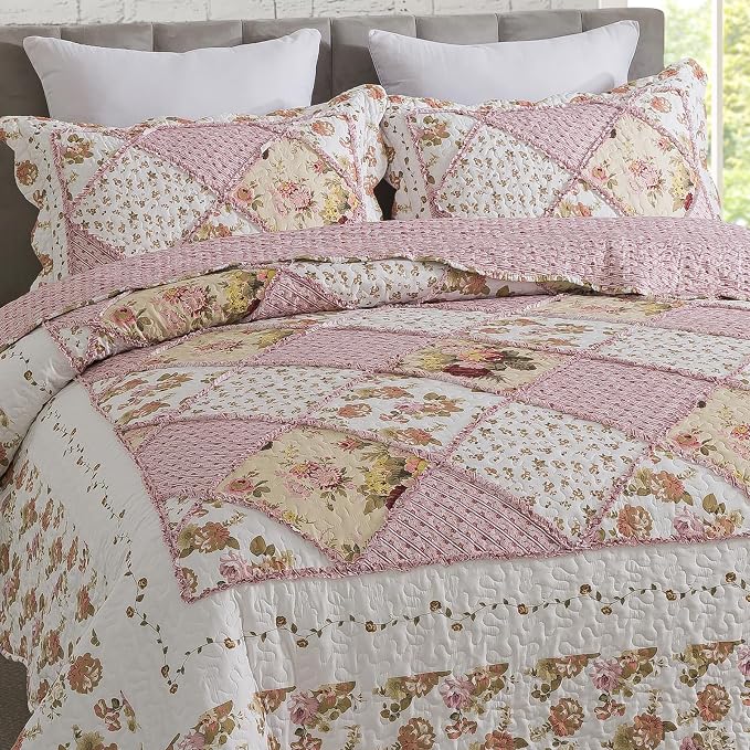 Travan 3-Piece Quilt Set Quilted Bedspread Lightweight Coverlet Set Garden Style Floral Printed Oversized Quilted Bedding Set with Shams for All Season, Exquisite, Queen Size