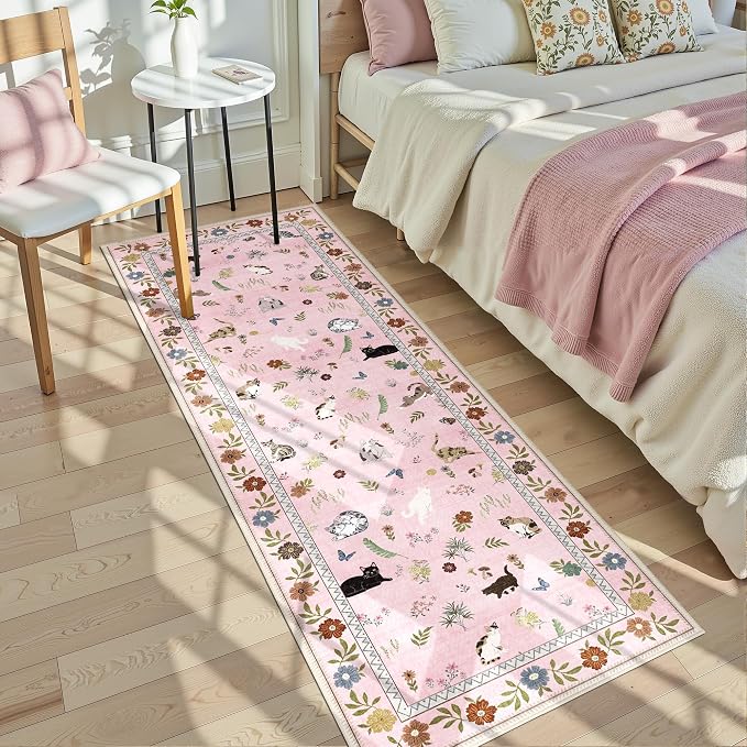AIMPEAK Pink 2x6 Non Slip Runner Rug - Washable Cat Floral Kitchen Carpet with Rubber Backing, Soft Low Pile Long Mat for Kitchen, Laundry Room, Bedroom, Bathroom, Hallway, Pink Multi