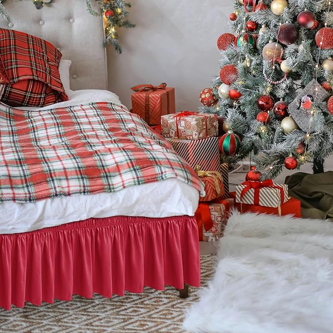 Wrap Around Queen Size Bed Skirt 12 Inch Drop-Elastic Dust Ruffle Red | Adjustable Pleated Bedskirt-Easy Fit Wrinkle Resistant Washable Hotel Quality Fabric Bed Skirting-Master Guest Bedroom Rental