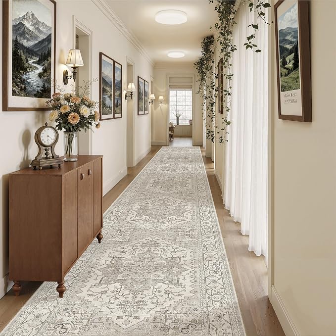 Madane Hallway Runner Rug 3x20 Washable Kitchen Runners 20ft, Beige/Brown | Vintage Non Slip Extra Long Area Rugs , Soft Low-Pile Farmhouse Wide Floor Carpet for Corridor Entryway Bathroom Bedroom