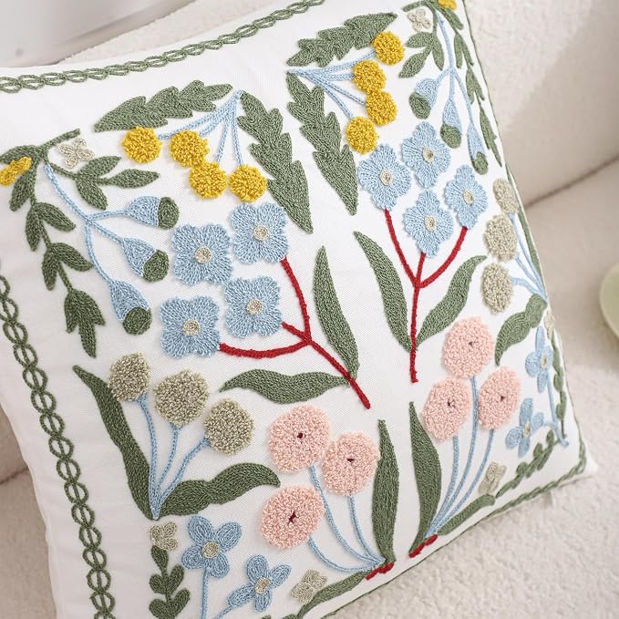 Embroidered Throw Pillow Covers 18x18 Pack of 2 Decorative Pillow Covers Blue Floral Pillowcases Farmhouse Pillow Cushion Cases Square Flower Pillow Case Summer Home Decor