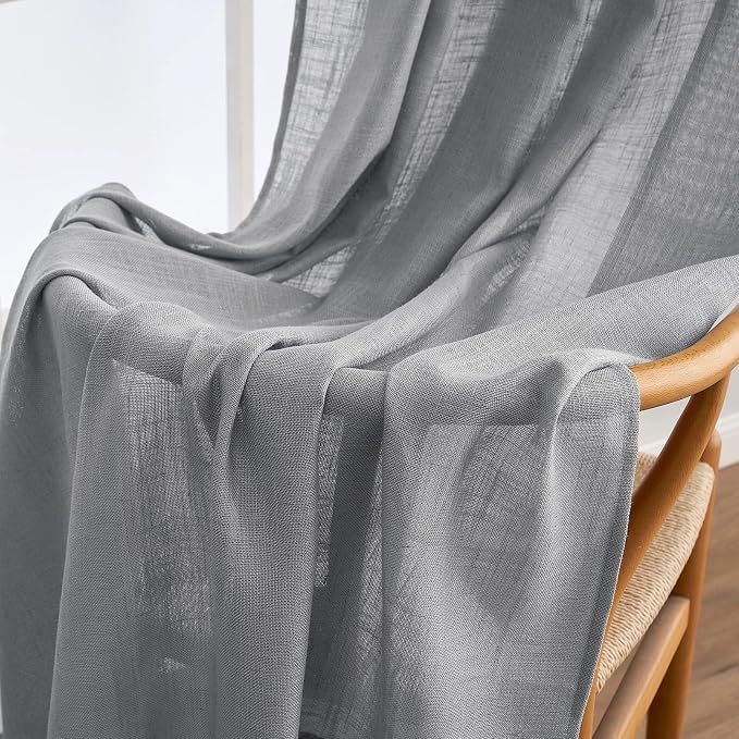 MIULEE Grey Linen Curtains 52x90 Inch Long for Bedroom Living Room 2 Panels | Soft Thick Linen Textured Window Drapes, Gray Semi Sheer Light Filtering, Back Tab Rod Pocket, Burlap Look Decor
