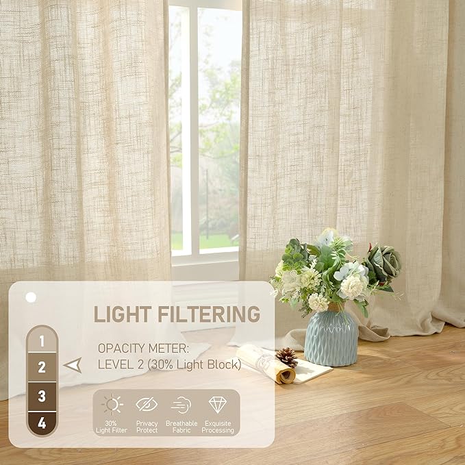Semi Sheer Linen Curtains 36 Inch Length for Cafe, 2 Panels | Light Filtering Panels, Neutral Drapes for Small Windows, Kitchen, Loft Room, Rod Pocket Back Tab, Linen, 25 x 36 Inch