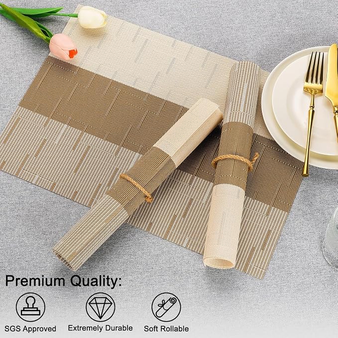 Placemats Set of 6, Vinyl Woven Heat-Resistant Place Mats | Washable Wipeable PVC Table Mats, Non Slip Placemat for Kitchen Dining Indoor Outdoor Table (Beige Light Brown, Set of 6)