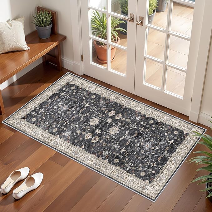 RUUGME 2x4 Entryway Runner Rugs: Non-Slip Washable Small Runners for Kitchen Vintage Low Pile Carpet for Indoor Entrance Hallway Soft Thin Stain Resistant DoorMat for Bathroom Bedroom(Black/Multi,2x4)